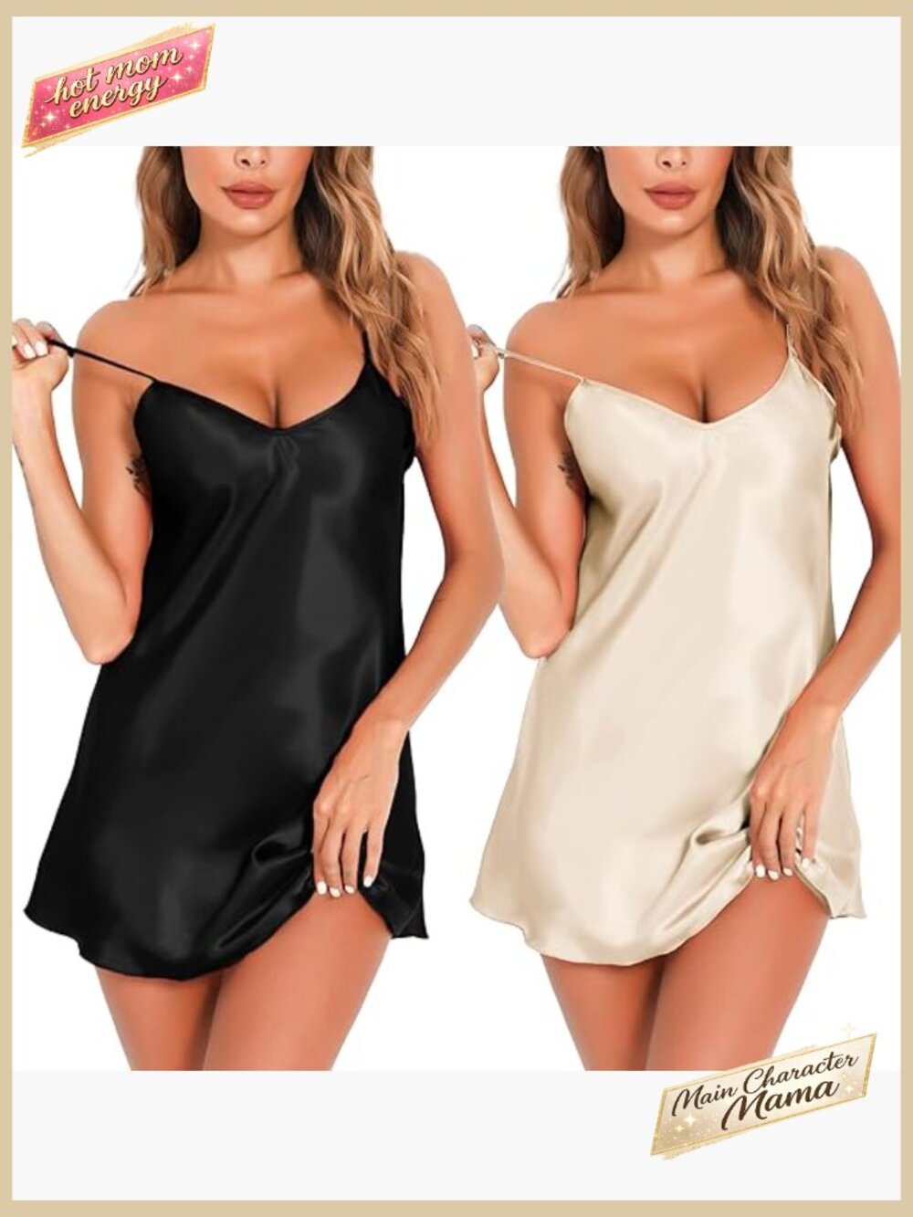 Satin Slip Dress Sexy Babydoll Nightgown V Neck Adjustable Straps Sleepwear